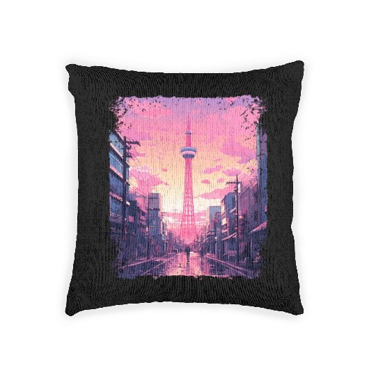 Aesthetic Vaporwave Skytree Tokyo Japanese Sight Woven Pillows
