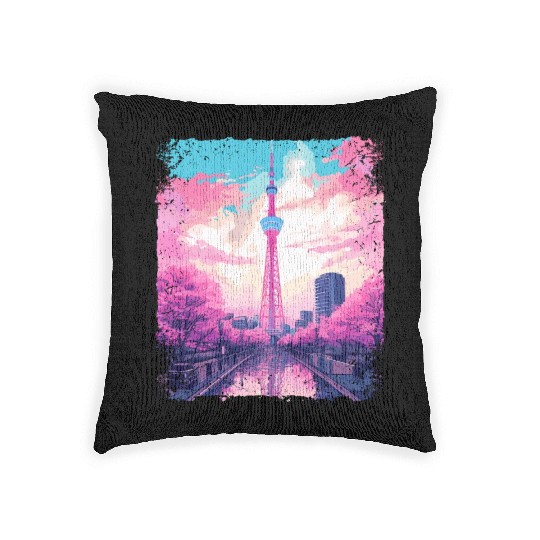 Aesthetic Skytree Tokyo Vaporwave Japanese Sight Woven Pillows