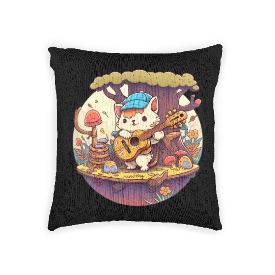 Cute Kawaii Cat Playing Guitar Banjo On Log Woven Pillows