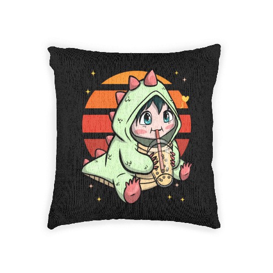 Boba Dinosaur Drinking Love Tea Sunset Woven Pillows