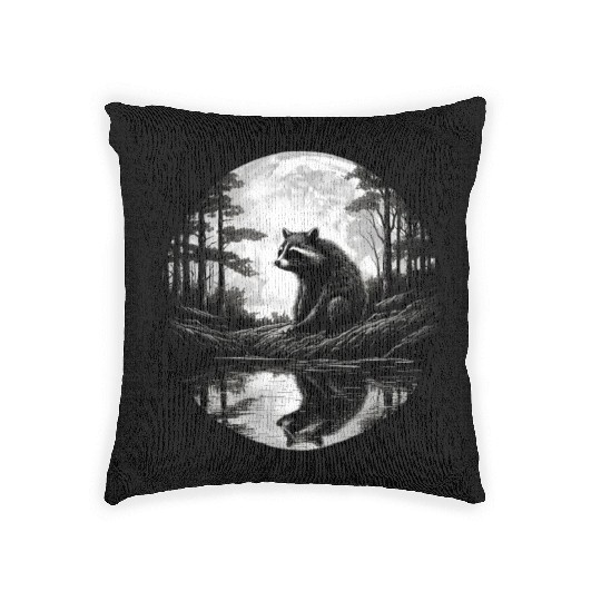 Raccoon Moon Forest Artwork Animal Art Raccoon Woven Pillows