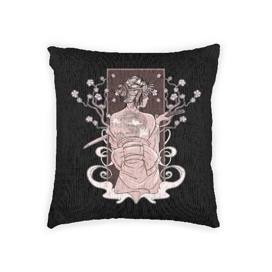 Vintage Japanese Katana Wo Kimono Cherry Blossoms Woven Pillows