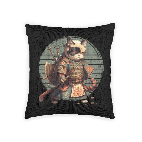 Samurai Cat Warrior Japanese Ninja Cat Kawaii Woven Pillows
