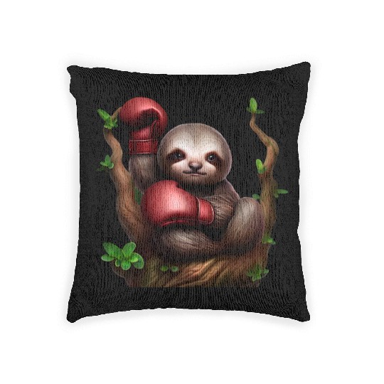 Boxing sloth on tree Woven Pillows