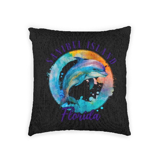 Sanbiel Island Florida Happy Watercolor Dolphin Woven Pillows