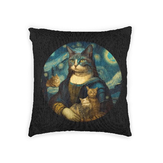 Mona Lisa With Cats Starry Night Van Gogh Painting Woven Pillows