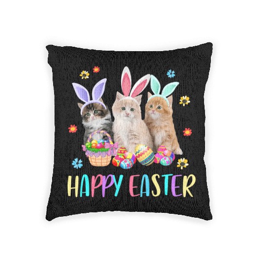 Happy Easter Three Cat Wearing Bunny Ear Kitty Woven Pillows