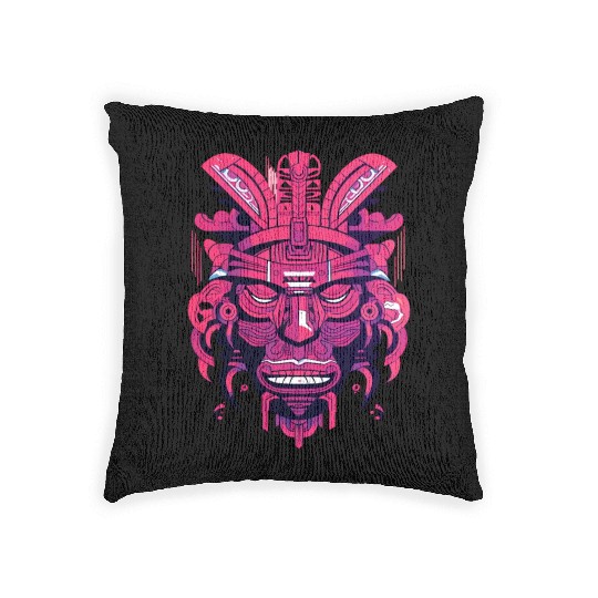 Ancient Aztec Mask in magenta Woven Pillows