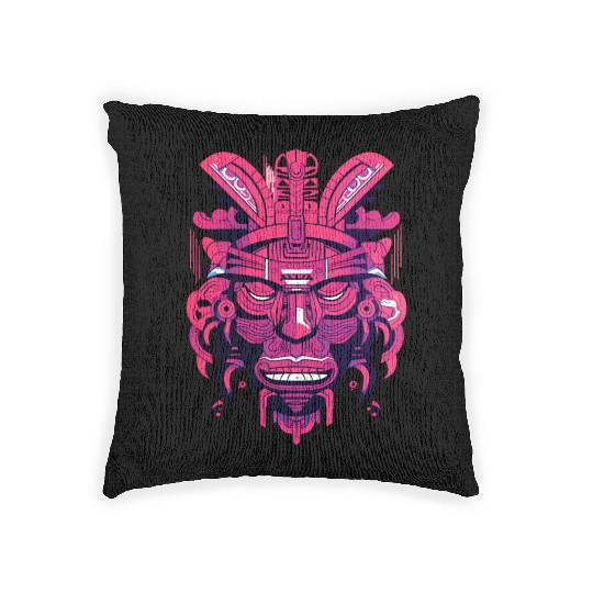 Ancient Aztec Mask in magenta Woven Pillows