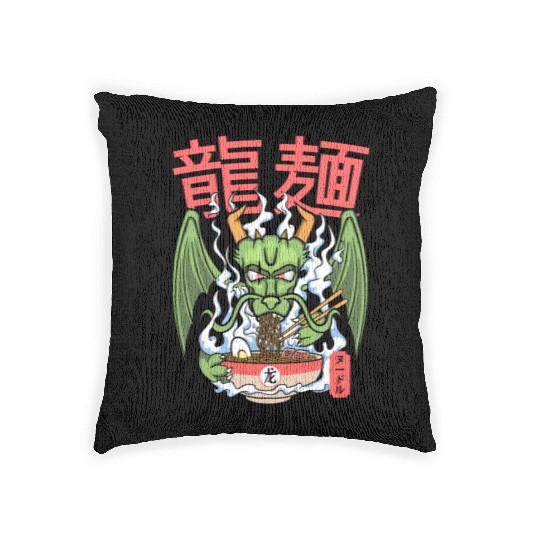Dragon ramen noodles bowl Kawaii monstrous lizard Woven Pillows