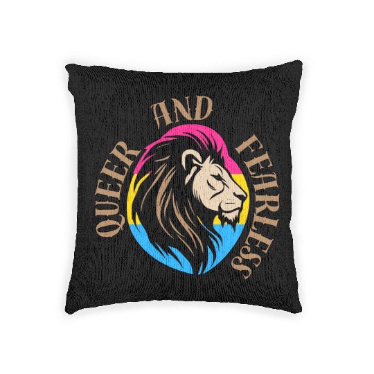 LGBTQ Queer and Fearless, Lion with Pansexual Flag Woven Pillows