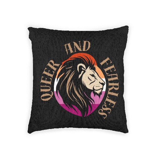 LGBTQ Queer and Fearless, Lion with Lesbian Flag Woven Pillows