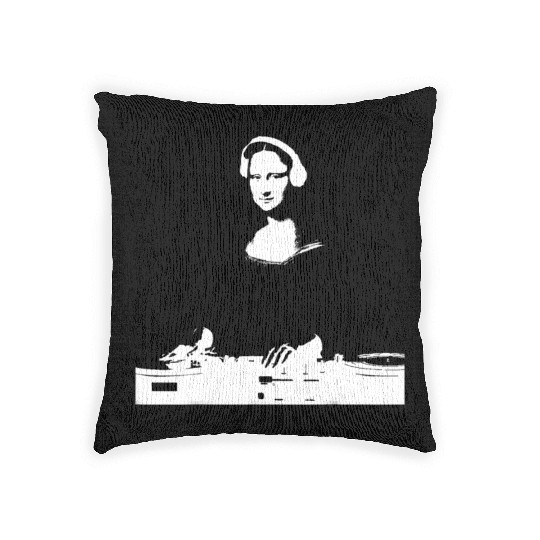 Dj Mona Lisa with Dj Headphone behind a dj table Woven Pillows