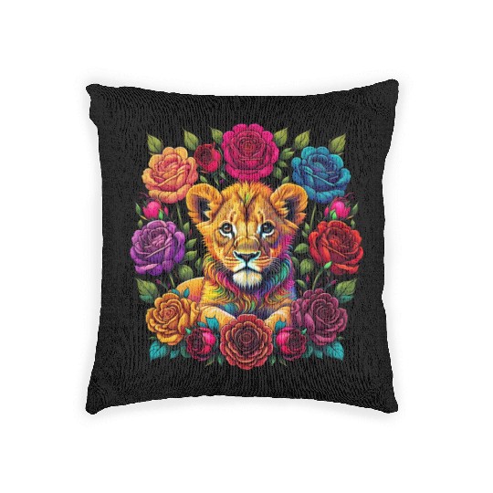 Floral Serenity: A Lion Cub's Innocence Woven Pillows