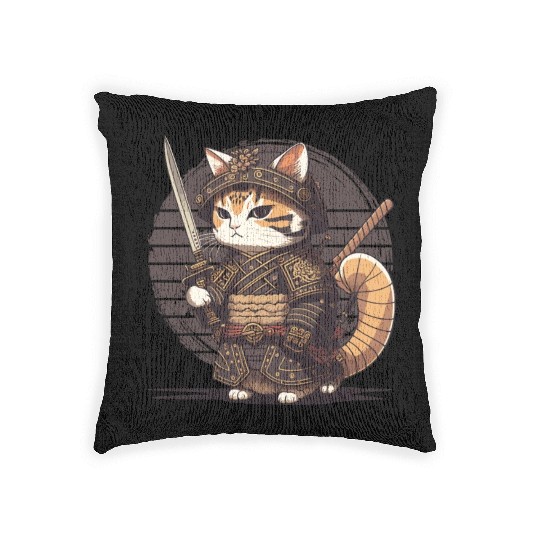 Samurai Cat Warrior Japanese Ninja Cat Kawaii Woven Pillows