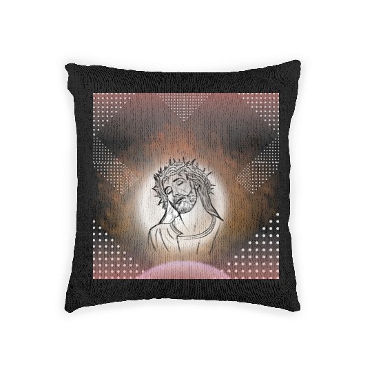 Sacred Jesus with Crown of Thorns Illustration Woven Pillows