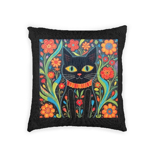 Folk Art Cat Floral Woven Pillows