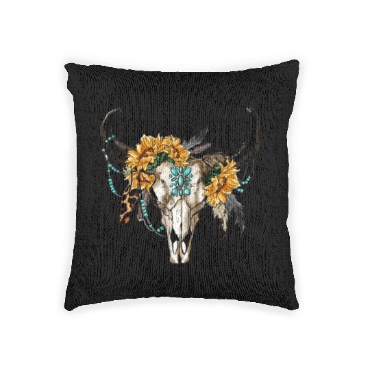 Bull Skull And Sunflowers Woven Pillows