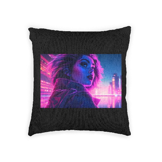 Synthwave Girl - Futuristic Design neon colors Woven Pillows