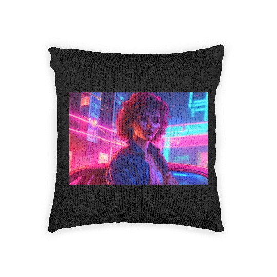 Synthwave Girl - Anime Portrait in Neon Colors Woven Pillows