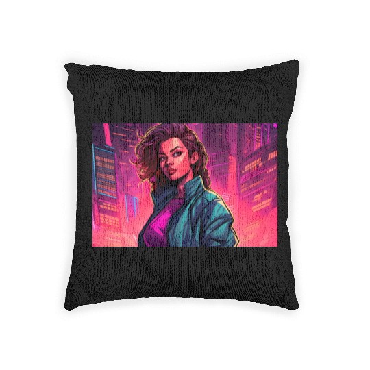 Girl in front of a Neon Pink Cityscape Woven Pillows