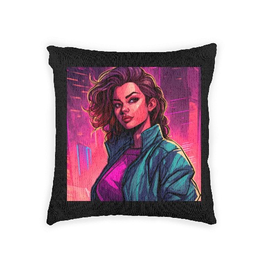 Synthwave City Bloom - Neon Pink Cityscape Woven Pillows