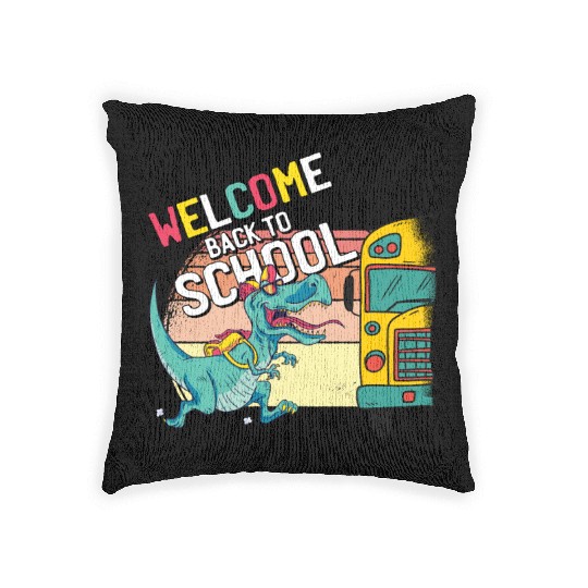 Funny T-Rex Running to School Bus Welcome Back to Woven Pillows