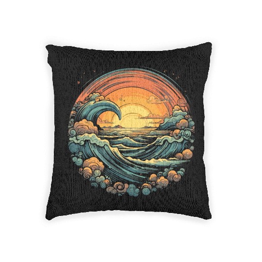 serene ocean sunset with large waves (7) Woven Pillows