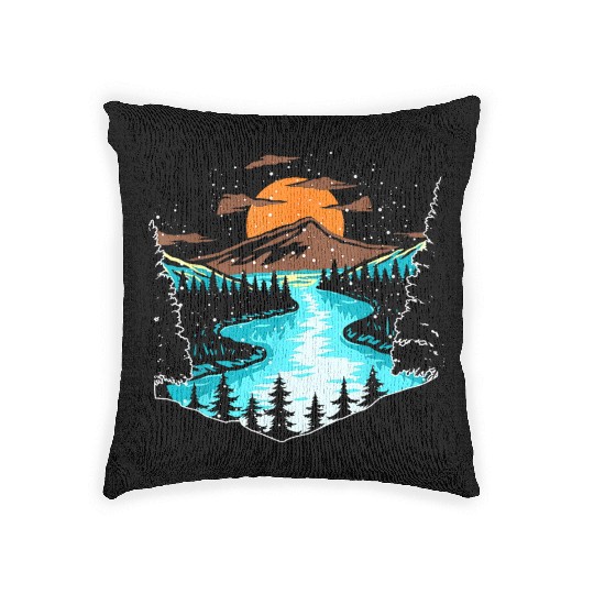Wildlife Mountain River Outdoor Nature Full Moon Woven Pillows