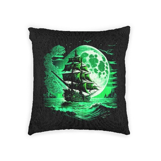Historical Sailing Ship At Full Moon. Woven Pillows