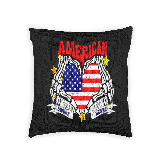 America Sweet Heart Skeleton Hands Heart Flag 4th Woven Pillows
