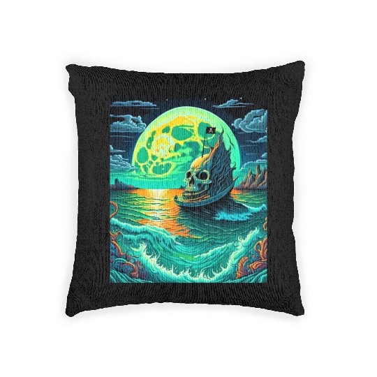 Pirate Ship With A Skull At Full Moon Woven Pillows
