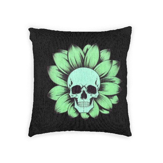 Green Toxic Sunflower Skull Vintage Style Woven Pillows