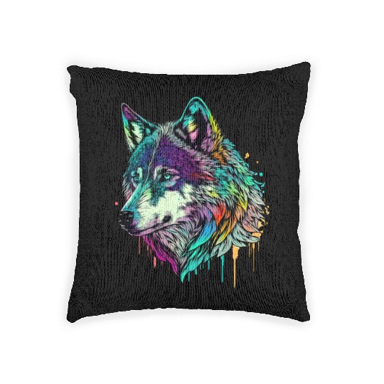 Vibrant Psychedelic Wolf Illustration Woven Pillows