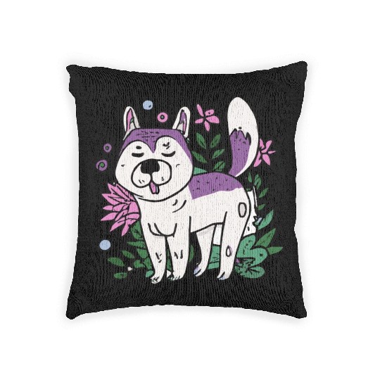 Husky With Plants And Flowers Dog Lover Malamute Woven Pillows
