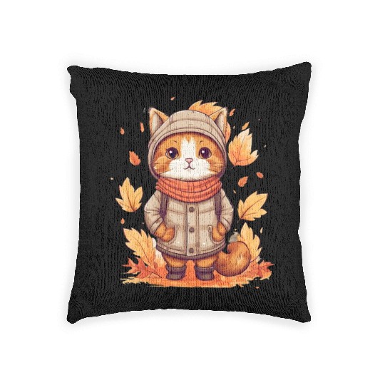 Autumn Cat Nature Leaves Season Woven Pillows