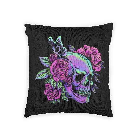 Skeleton Woven Pillows, Neon Skull Roses Gothic Skeleton