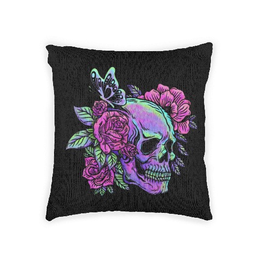 Skeleton Woven Pillows, Neon Skull Roses Gothic Skeleton