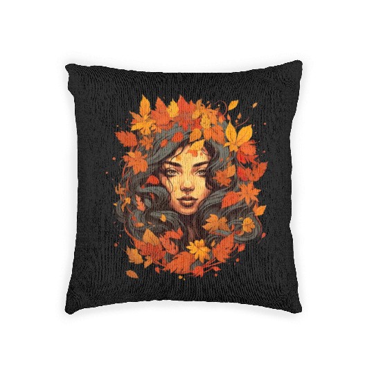 Autumn Woman Nature Leaves Season Woven Pillows