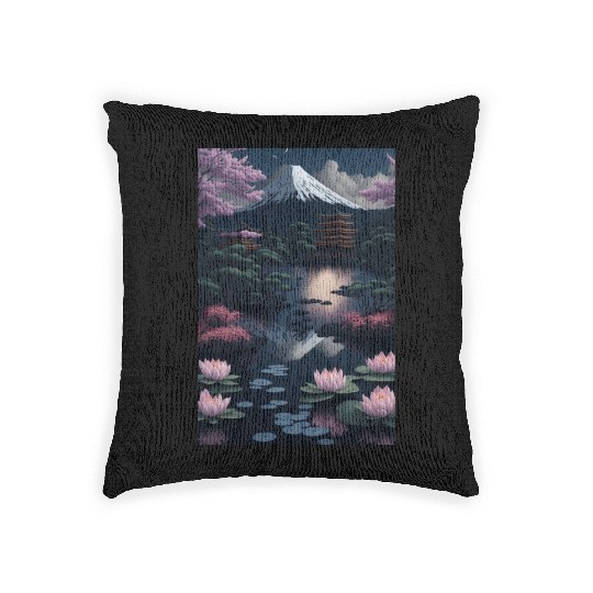 Asia Landscape by night Serene Mount Fuji Woven Pillows