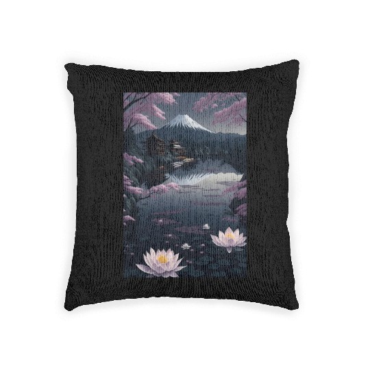 Asia Landscape by night Serene Mount Fuji Woven Pillows