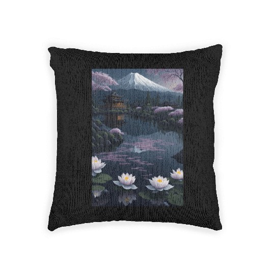 Asia Landscape by night Serene Mount Fuji Woven Pillows