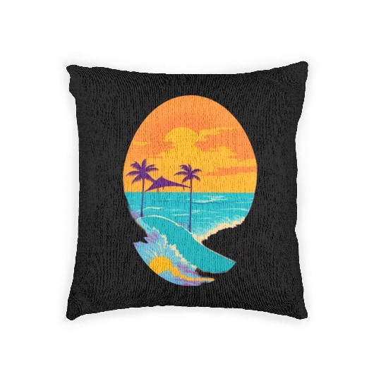 Golden Horizon: Serene Sunset & Surfing Paradise Woven Pillows