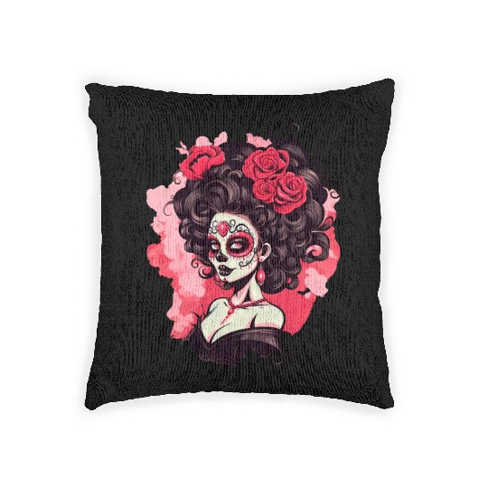 Dia de los muertos woman sugar skull with flowers Woven Pillows