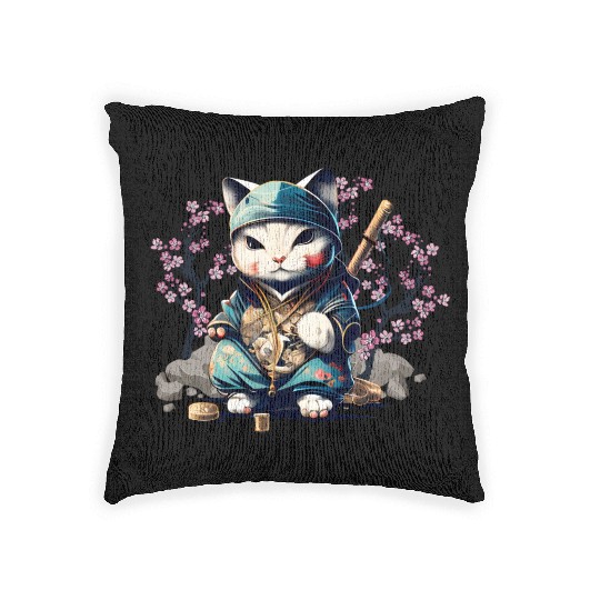 Samurai Cat Anime Kawaii Japanese Style Woven Pillows