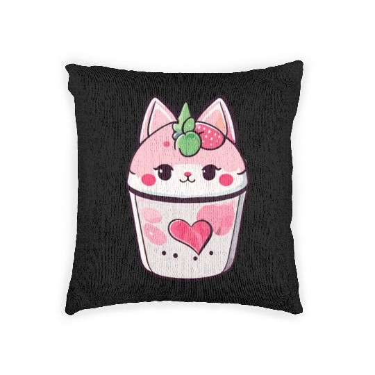 Cat Strawberry Milk Shake Kawaii Woven Pillows
