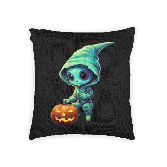Halloween Alien with Pumpkin - Green Woven Pillows