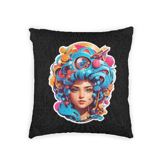 Psychedelic girl with multi color hair. futuristic Woven Pillows