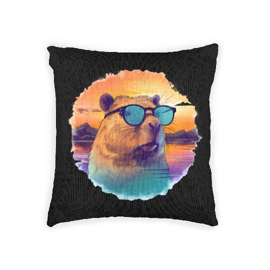 Sunset Serenity: Rustic Capybara Stripe Illustrate Woven Pillows