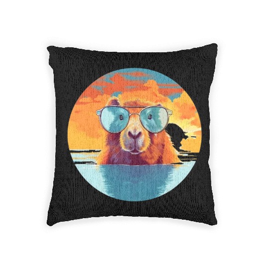 Sunset Serenity: Rustic Capybara Stripe Illustrate Woven Pillows